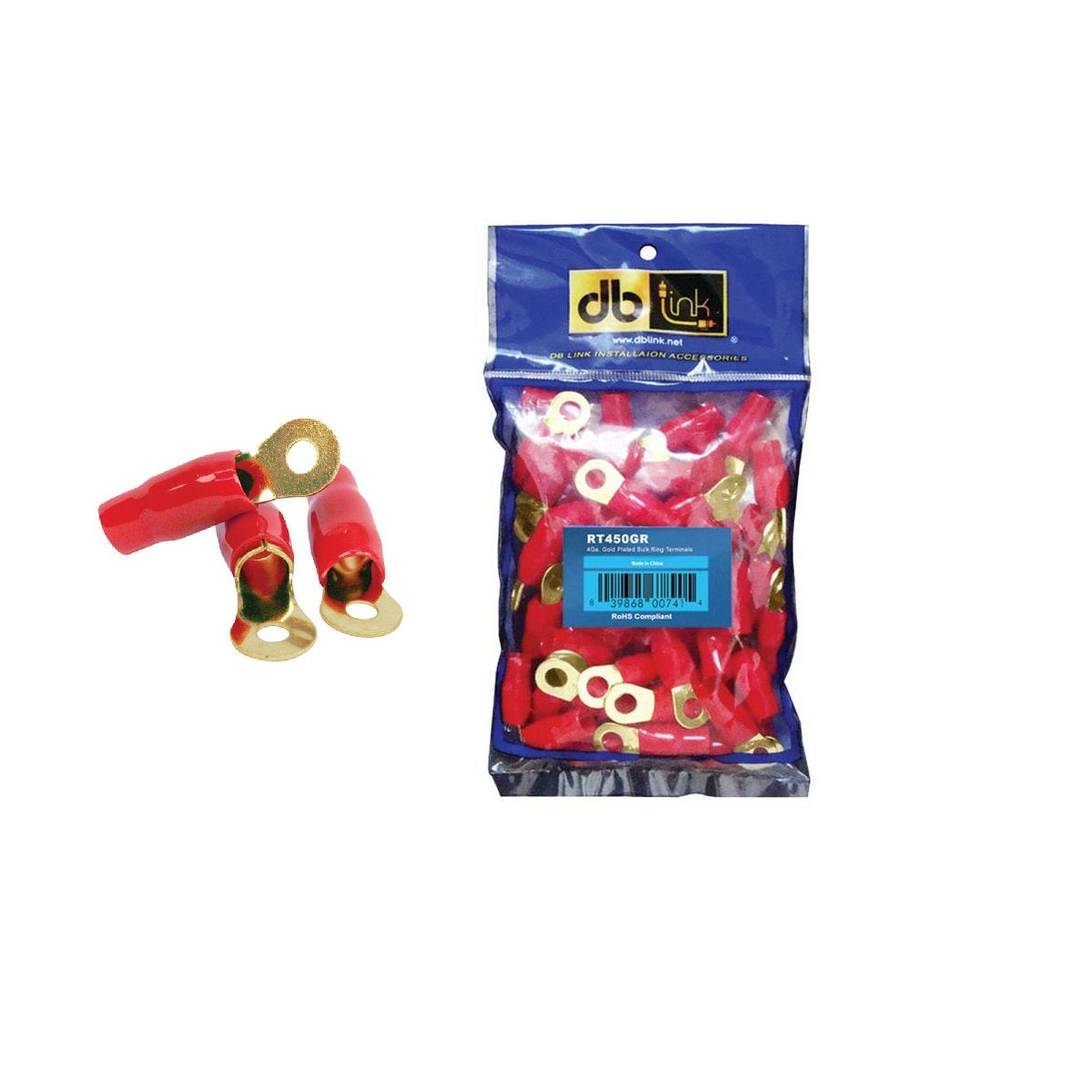 DB Link RT450GR : 4 GA. 5/16in Red Gold Ring Terminal, 50 Pcs, Polybag