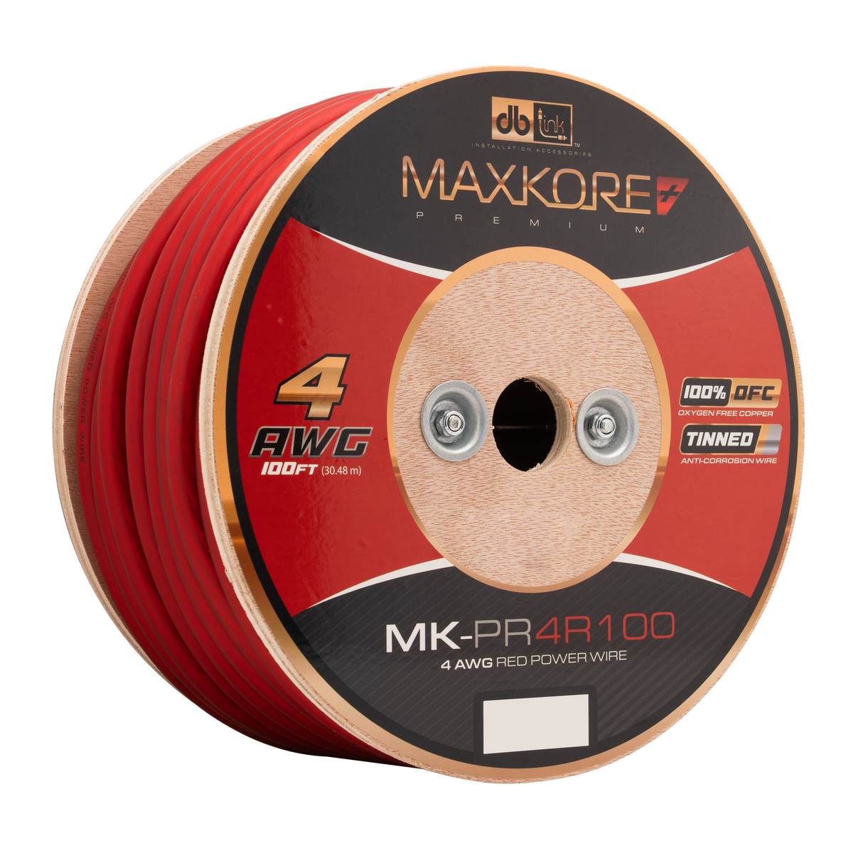 DB Link MK-PR4R100 : 100' 4 AWG Maxkore+ Premium Red, 100% OFC, TINNED Anti-Corrosive Power Wire Roll