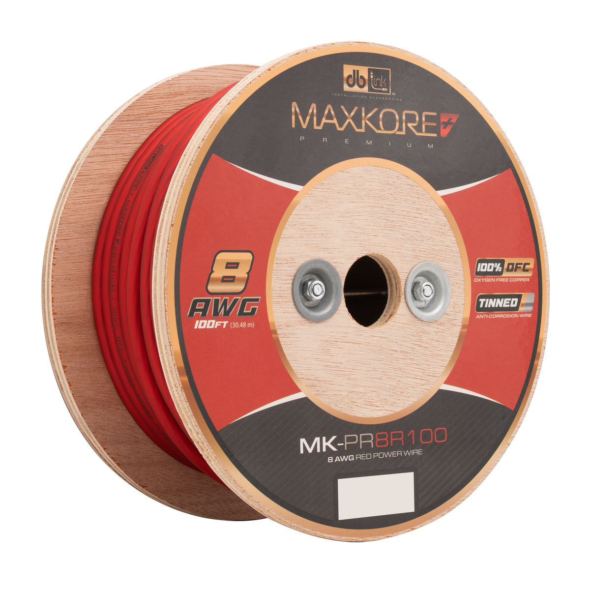DB Link MK-PR8R100 : 100' 8 AWG Maxkore+ Premium Red, 100% OFC, TINNED Anti-Corrosive Power Wire Roll