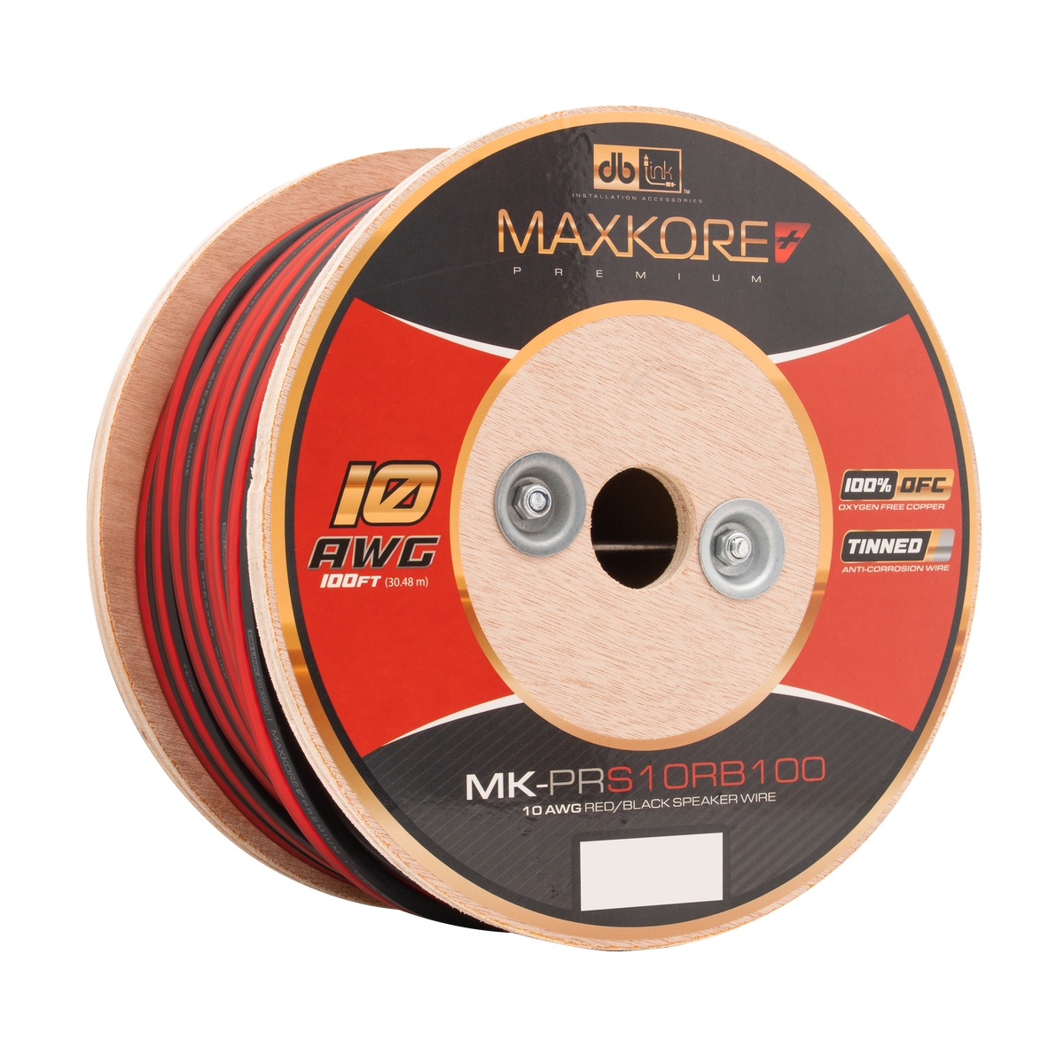 DB Link MK-PRS10RB100 : 100' 10 AWG Maxkore+ Premium Red/Black Speaker Wire, 100% OFC, TINNED Anti-Corrosive
