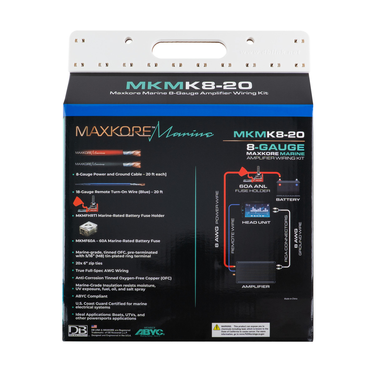 DB Link MKMK8-20: 8 Ga. Maxkore Marine Amplifier Kit with 20' PW/GR/REM 100% OFC Tinned Anti-Corrosive Wires