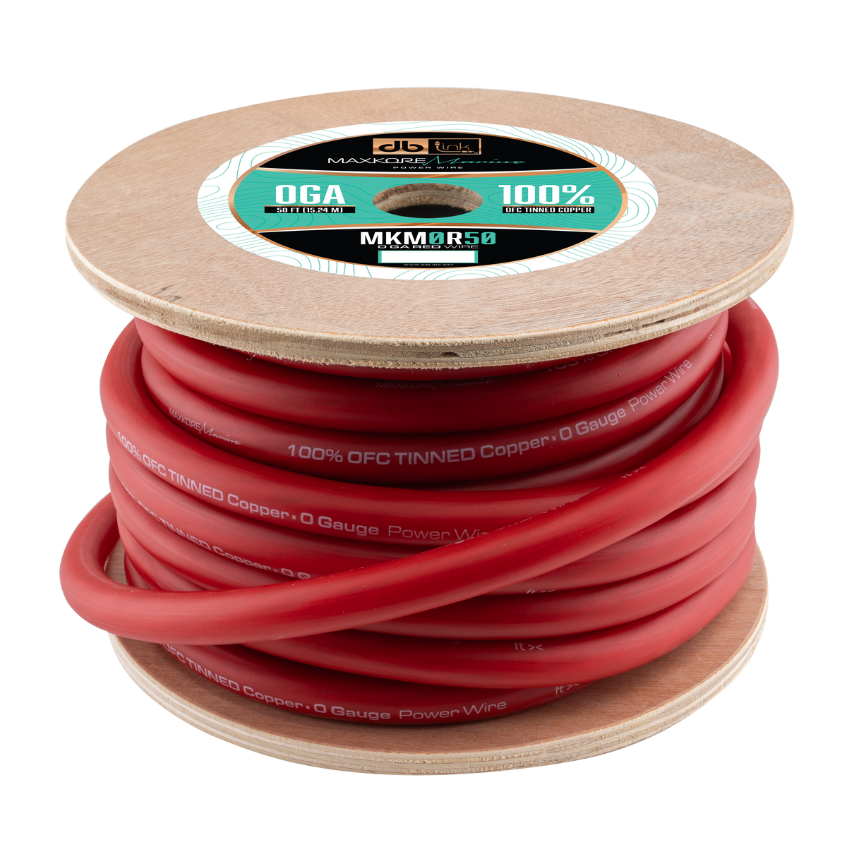 DB Link MKM0R50 : 50' 0Ga Maxkore Marine Red, 100% OFC, TINNED Anti-Corrosive Wire Roll