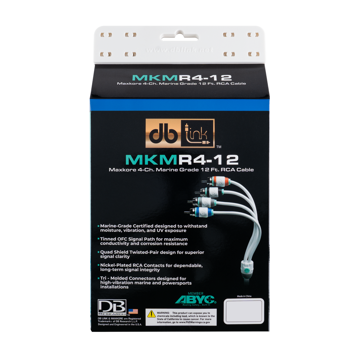 DB Link MKMR4-12 : 12' 4 Channel Maxkore Marine 100% OFC, Tinned Anti-Corrosive RCA