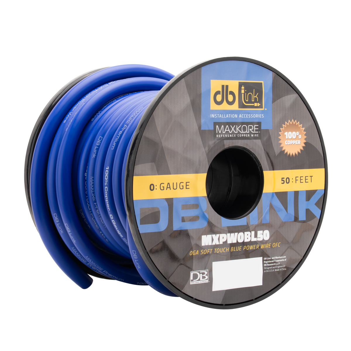 DB Link MXPW0BL50 : 0 Gauge Maxkore Premium 100% Copper Blue Soft Touch Power Wire Roll