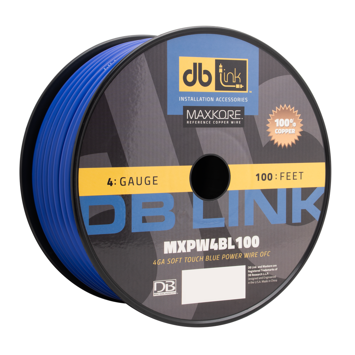 DB Link MXPW4BL100 : 4 Gauge Maxkore Premium 100% Copper Blue Soft Touch Power Wire Roll