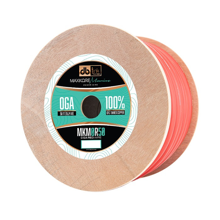 DB Link MKM0R50 : 50' 0Ga Maxkore Marine Red, 100% OFC, TINNED Anti-Corrosive Wire Roll