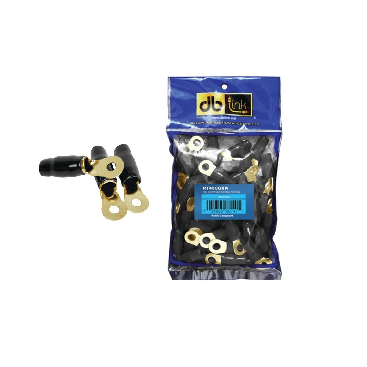 DB Link RT450GBK : 4 GA. 5/16in Black Gold Ring Terminal, 50 Pcs, Polybag