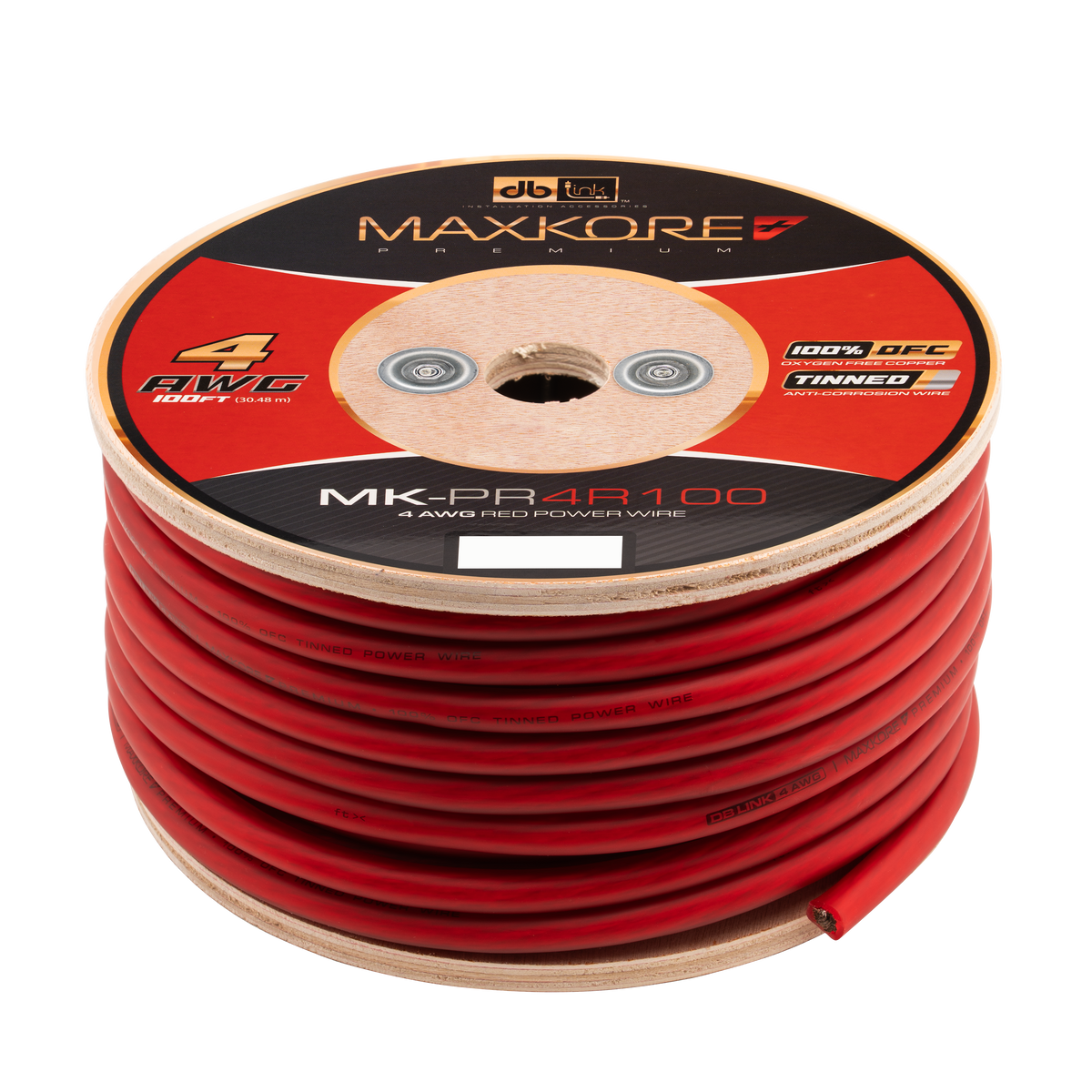DB Link MK-PR4R100 : 100' 4 AWG Maxkore+ Premium Red, 100% OFC, TINNED Anti-Corrosive Power Wire Roll