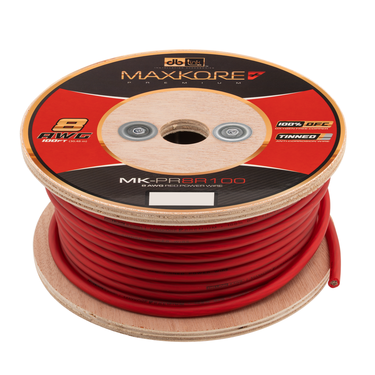 DB Link MK-PR8R100 : 100' 8 AWG Maxkore+ Premium Red, 100% OFC, TINNED Anti-Corrosive Power Wire Roll