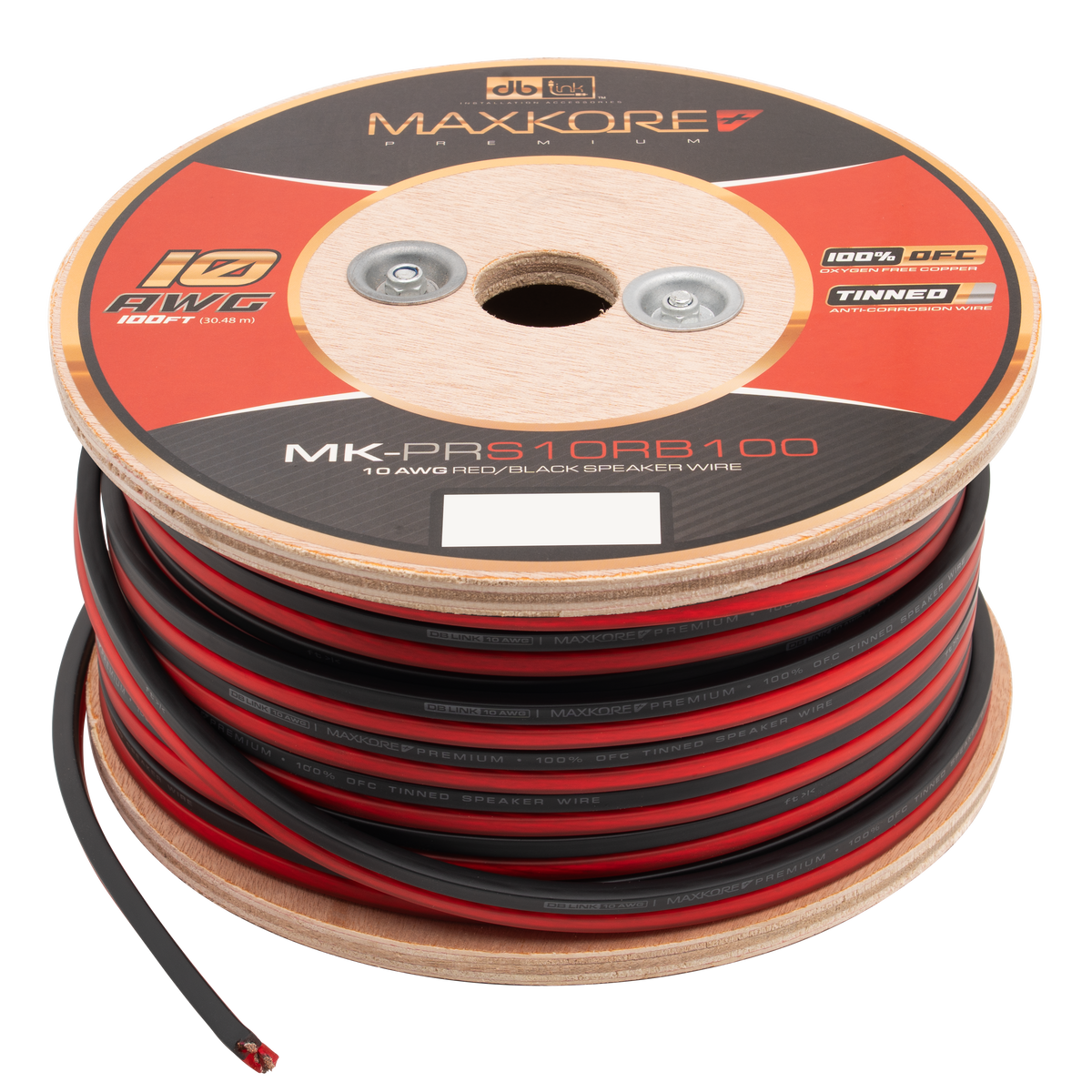 DB Link MK-PRS10RB100 : 100' 10 AWG Maxkore+ Premium Red/Black Speaker Wire, 100% OFC, TINNED Anti-Corrosive