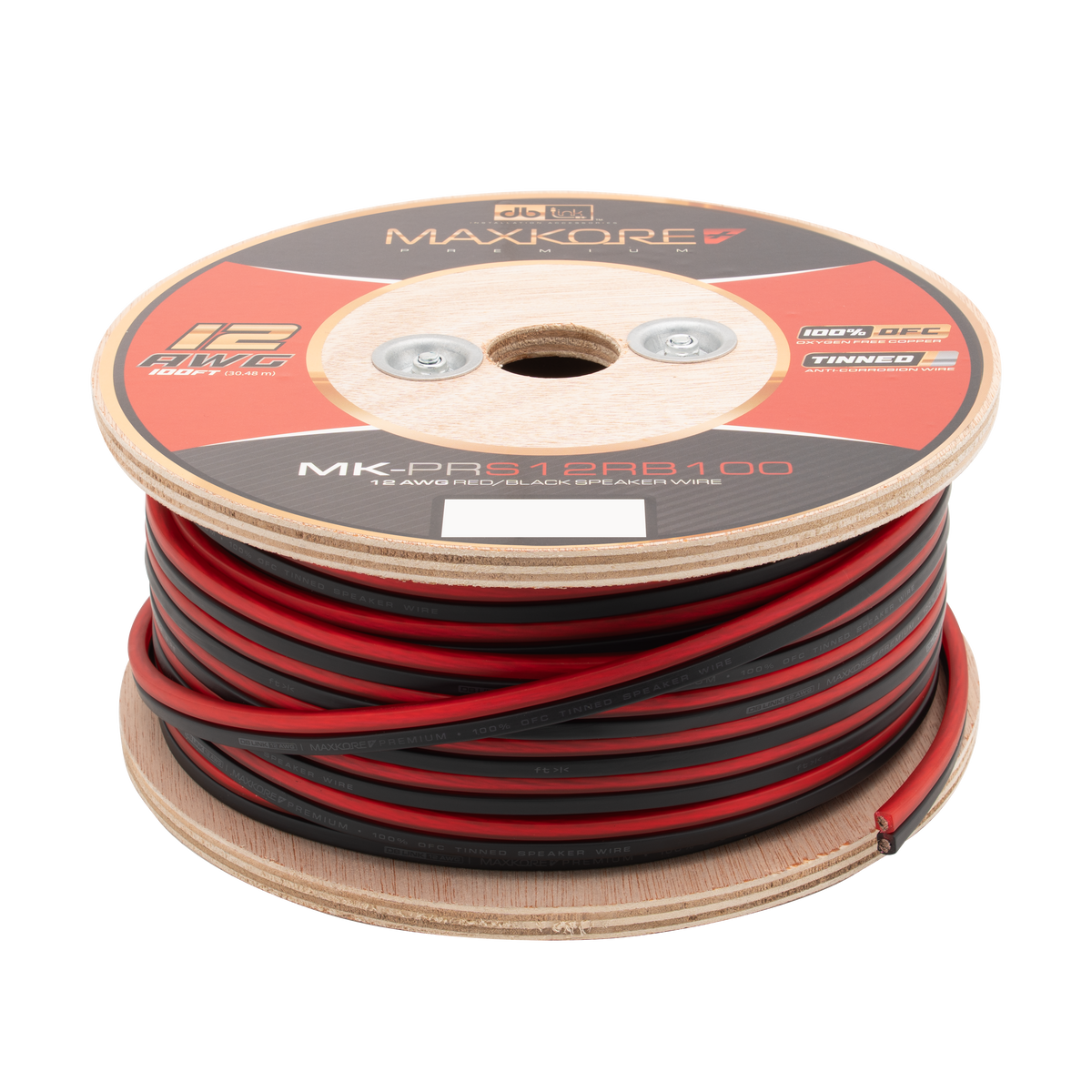 DB Link MK-PRS12RB100 : 100' 12 AWG Maxkore+ Premium Red/Black Speaker Wire, 100% OFC, TINNED Anti-Corrosive