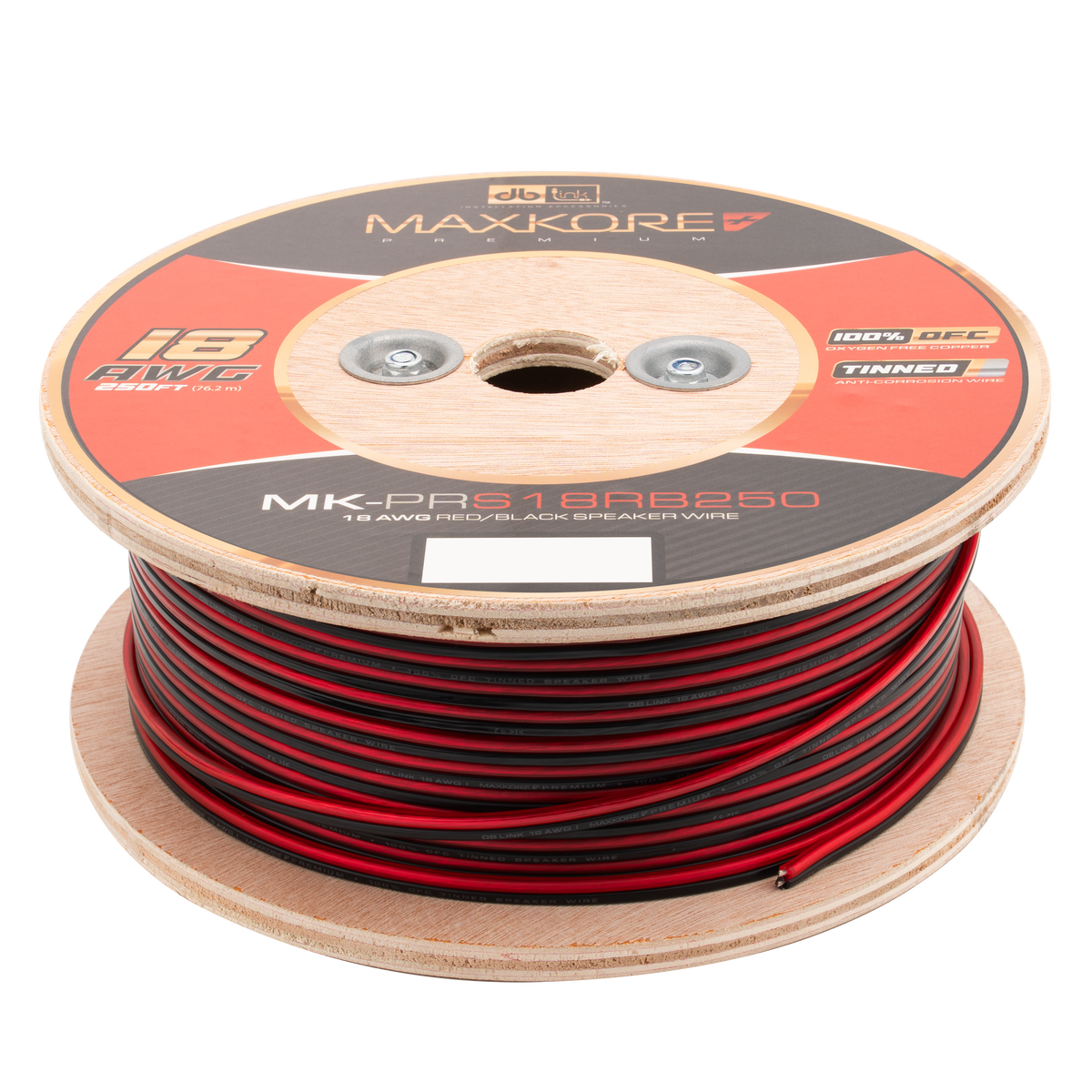 DB Link MK-PRS18RB250 : 250' 18 AWG Maxkore+ Premium Red/Black Speaker Wire 100% OFC, TINNED Anti-Corrosive
