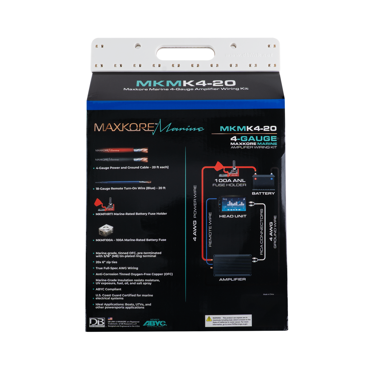 DB Link MKMK4-20: 4 Ga. Maxkore Marine Amplifier Kit with 20' PW/GR/REM 100% OFC Tinned Anti-Corrosive Wires