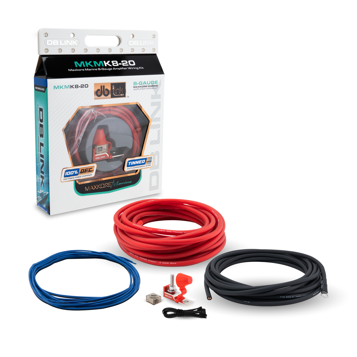 DB Link MKMK8-20: 8 Ga. Maxkore Marine Amplifier Kit with 20' PW/GR/REM 100% OFC Tinned Anti-Corrosive Wires