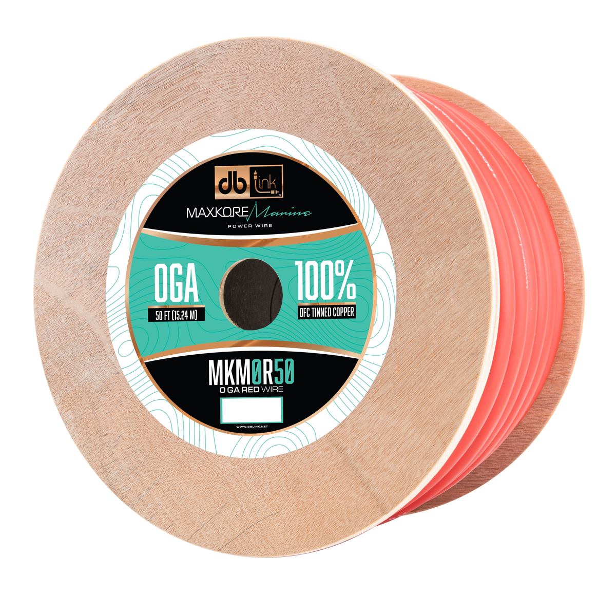 DB Link MKM0R50 : 50' 0Ga Maxkore Marine Red, 100% OFC, TINNED Anti-Corrosive Wire Roll