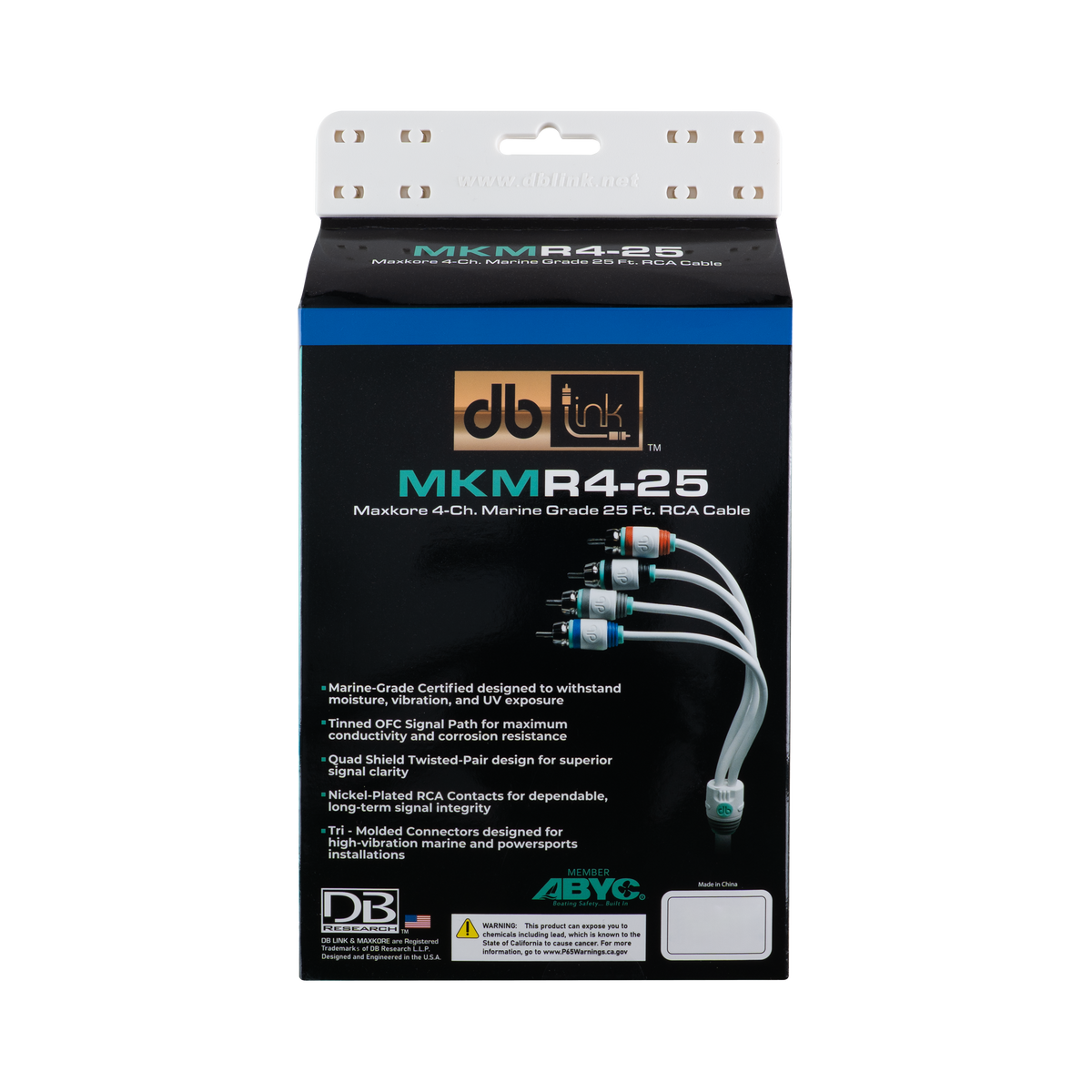 DB Link MKMR4-25 : 25' 4 Channel Maxkore Marine 100% OFC, Tinned Anti-Corrosive RCA