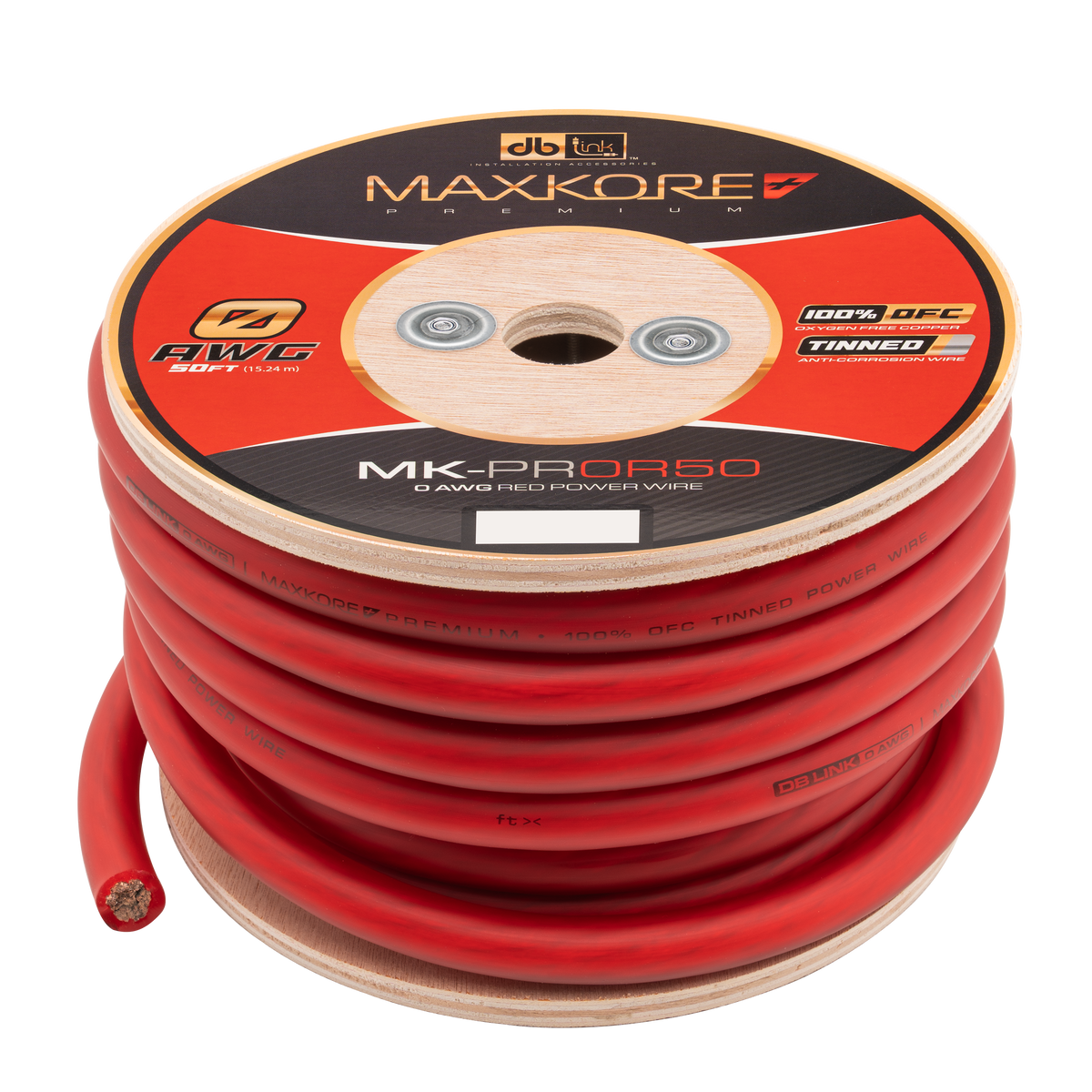 DB Link MK-PR0R50 : 50' 0 AWG Maxkore+ Premium Red, 100% OFC, TINNED Anti-Corrosive Power Wire Roll