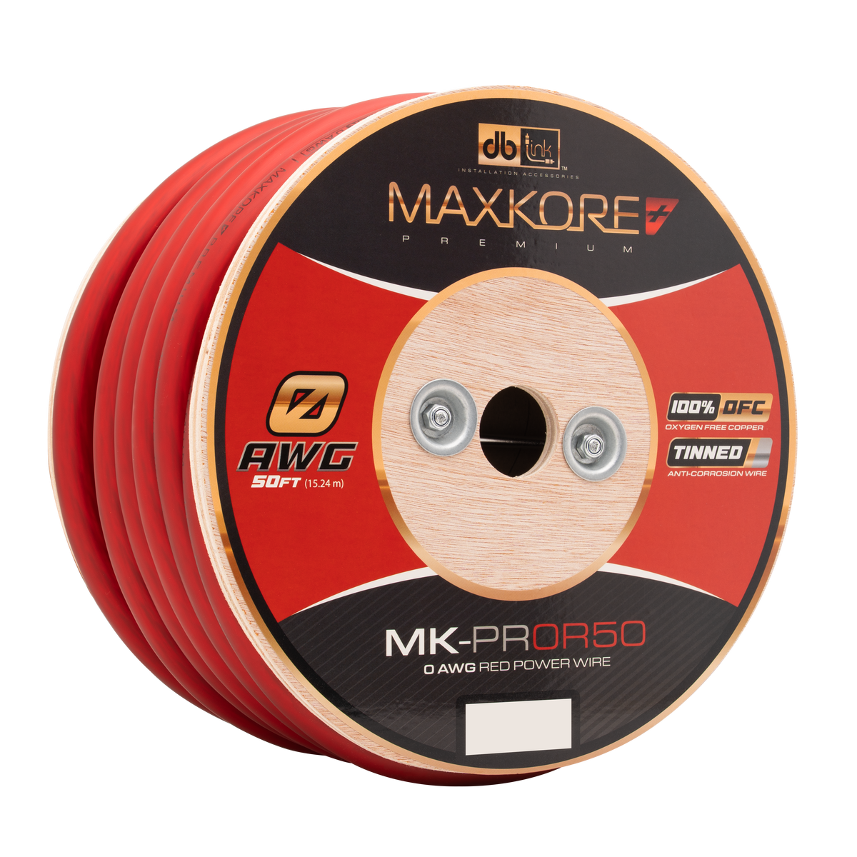 DB Link MK-PR0R50 : 50' 0 AWG Maxkore+ Premium Red, 100% OFC, TINNED Anti-Corrosive Power Wire Roll