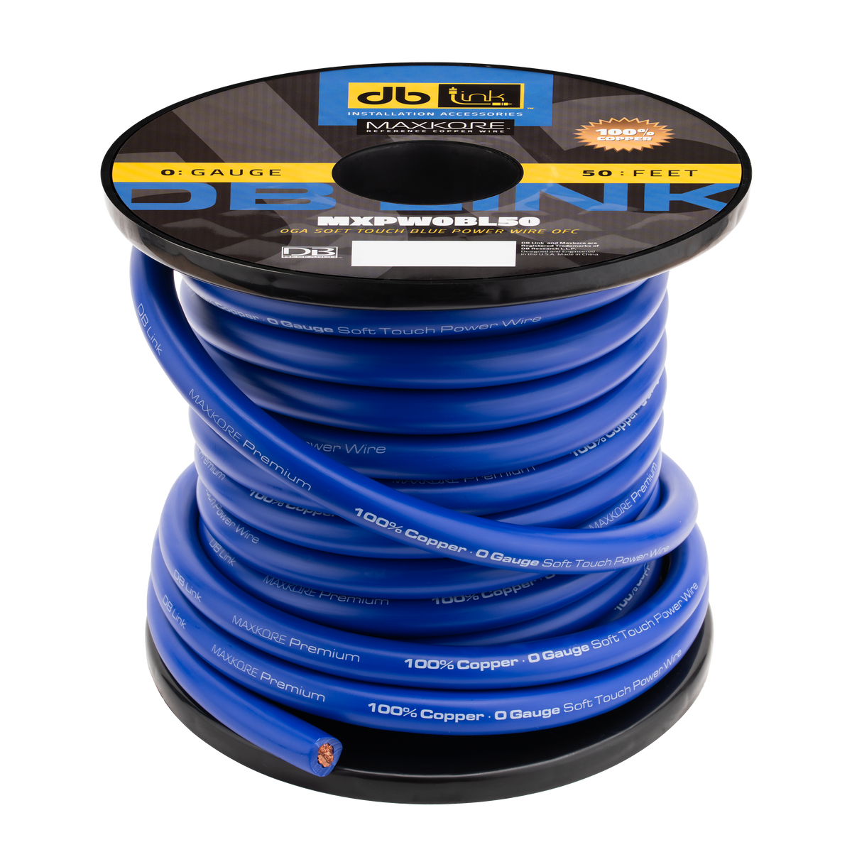 DB Link MXPW0BL50 : 0 Gauge Maxkore Premium 100% Copper Blue Soft Touch Power Wire Roll