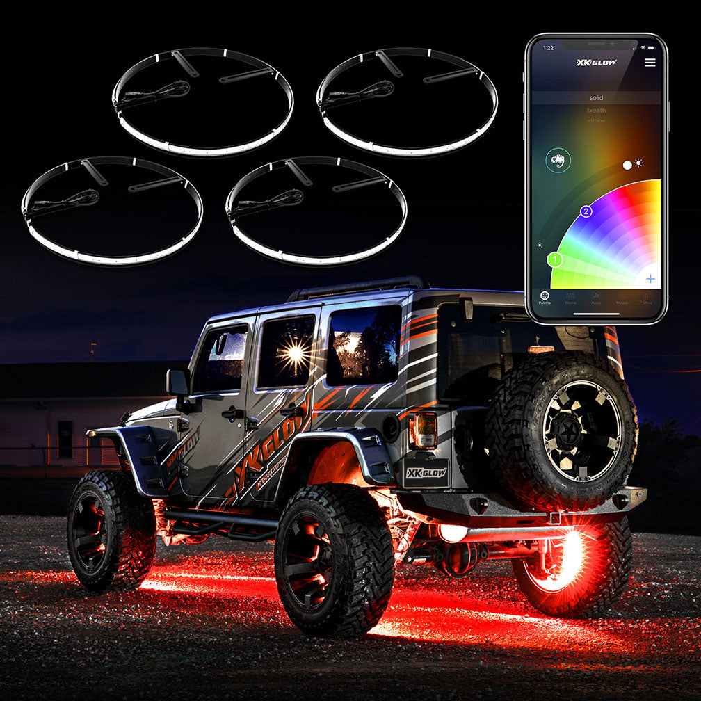 XKGLOW XK-WHEEL-KIT-AD 4pc 15-18 Adjustable Wheel Ring Light Kit XKchrome App controlled w/ Turn Signal Function