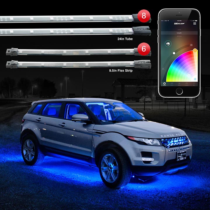 XKGLOW KS-Car-Advance 8x24 Slim Tube + 6x10 Flex Strip  Million Color XKCHROME Smartphone App Controlled Undercar Kit